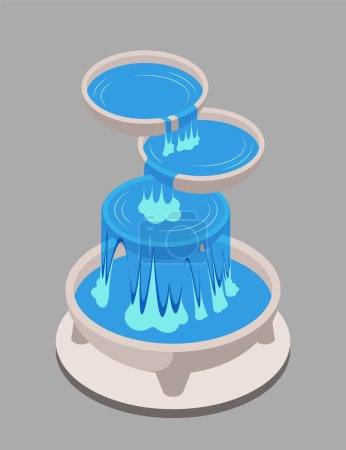 Illustration of a three-tier water fountain in blue, flat graphic style, simple grey background, symbolizing relaxation. vector illustration