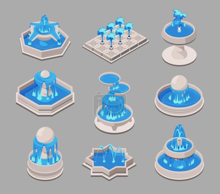 Illustration for A collection of various isometric water fountains, vector illustration on a gray background, concept of urban decoration. Set of isometric vector illustrations isolated on white background - Royalty Free Image