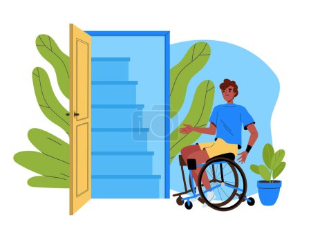 Cuestiones de arquitectura e infraestructura no aptas para personas con discapacidad. Hombre en silla de ruedas cerca de la escalera. Un tipo con discapacidad al lado de las escaleras del edificio. Ilustración de vectores planos aislados