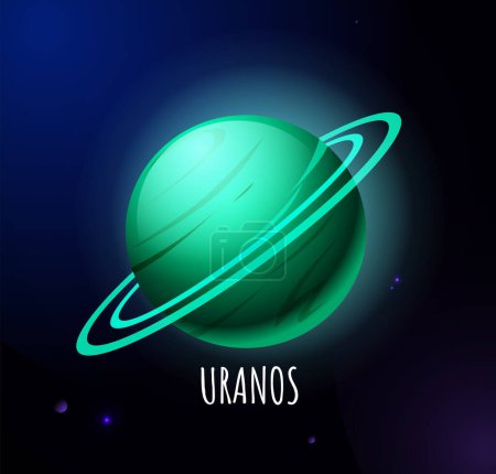 Solar system planet. Icon with cold planet Uranus with ring satellites in outer space. Exploring Milky Way Galaxy and Universe. Cartoon flat vector illustration isolated on starry sky background