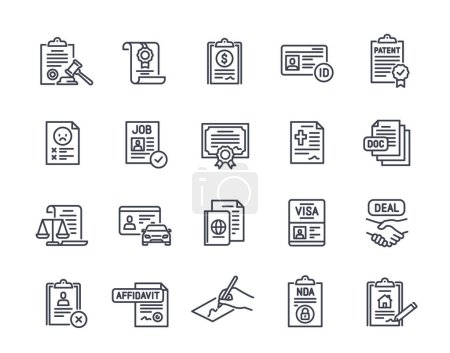 Set of Legal document line icons. Simple symbols with passport, resume, driver license, visa, contract and certificate. Editable stroke. Outline flat vector collection isolated on white background