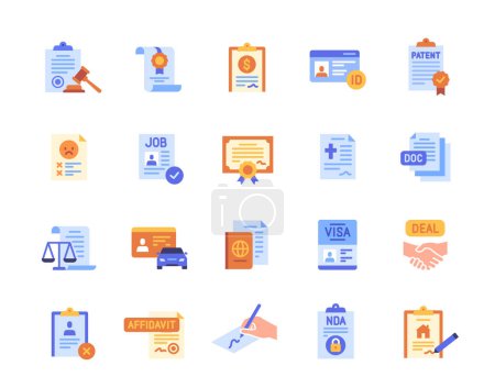 Set of Legal document colorful icons. Bright sign with contract, ID card, patent, passport and license. Design elements for app and website. Cartoon flat vector collection isolated on white background