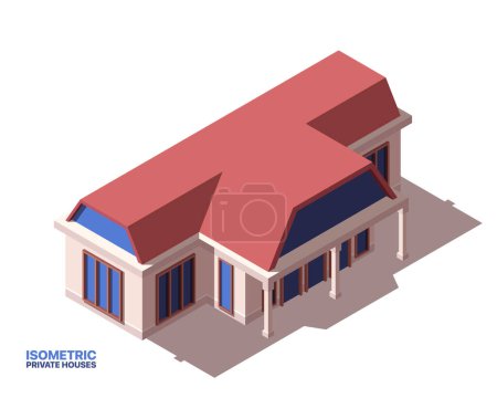 Illustration for Private house isometric icon. Classic family townhouse, luxury cottage or residential property in suburban neighborhood. Home or real estate. Cartoon 3D vector illustration isolated on background - Royalty Free Image
