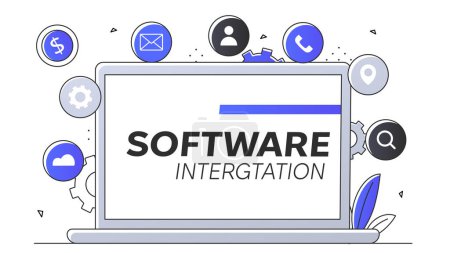 Illustration for Software integration concept. Laptop with programs and applications. Update of operating system of gadget or device. Programing and development concept. Linear flat vector illustration - Royalty Free Image