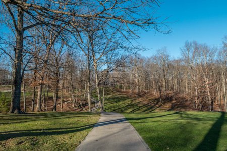 Téléchargez les photos : Une promenade dans la partie boisée du parcours de golf sur un chemin de ciment entouré par les arbres nus par une journée ensoleillée au début de l'hiver - en image libre de droit