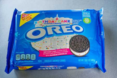 Photo for Crossville, Tennessee USA - April 11, 2024  Family size package of the new Birthday cake flavored creme Oreo cookies with rainbow sprinkles in the filling closeup view - Royalty Free Image