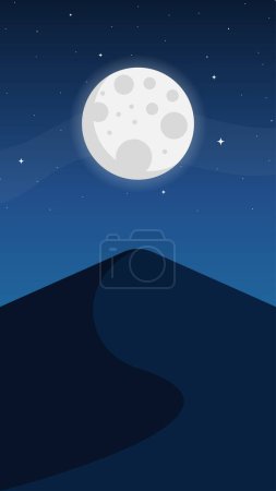 Wüstenlandschaft mit Vollmond, Sternen und blauem Himmel, Vektorillustration.