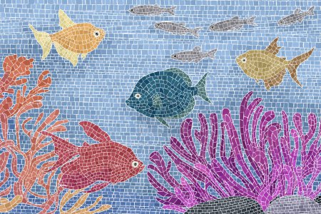 Téléchargez les illustrations : Scène sous-marine avec des poissons et des plantes de couleur, aquarium fond vectoriel mosaïque graphique - en licence libre de droit