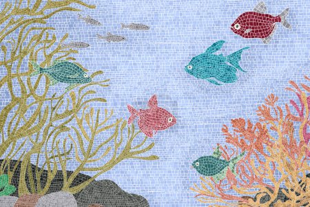 Téléchargez les illustrations : Scène sous-marine avec des poissons et des plantes de couleur, aquarium fond vectoriel mosaïque graphique - en licence libre de droit