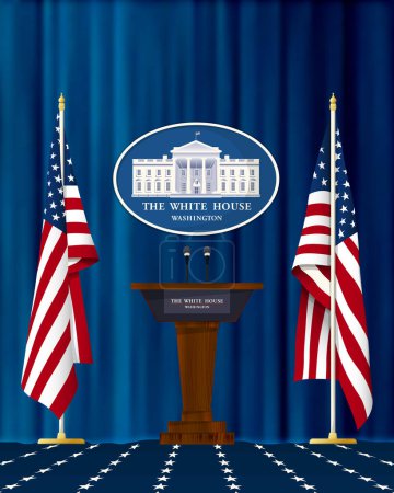 podium de presse Maison Blanche avec des drapeaux des États-Unis, illustration vectorielle