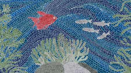 Téléchargez les illustrations : Scène sous-marine fond mosaïque avec des poissons de couleur, illustration vectorielle - en licence libre de droit