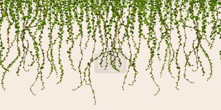 Green foliage wall vector illustration, climbing plant leaves seamless horizontal pattern