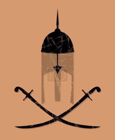 Illustration for Ottoman warrior helm and swords, vector grunge effect - Royalty Free Image