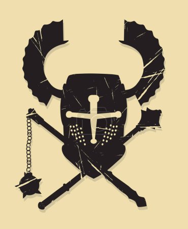 Ilustración de Casco de caballero teutónico, símbolo de maza y mayal, efecto grunge vectorial - Imagen libre de derechos