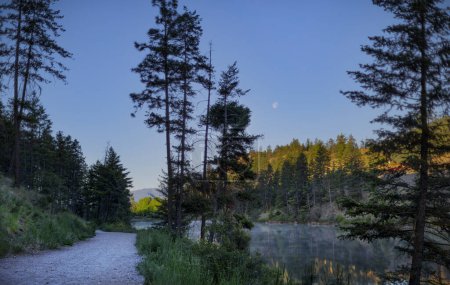 Schotterpiste und Aussicht auf den See bei einem Morgenspaziergang am Still Pond; Kelowna, British Columbia, Kanada