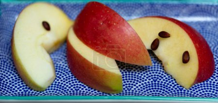 Apfelscheiben mit Apfelkernen auf einem blau gepunkteten Teller