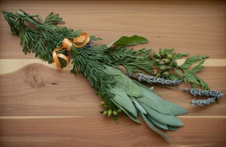 Close-up of a bundle of fresh, medicinal herbs tied with an orange ribbon and placed on a cedar plank, used by the First Nations People; British Columbia, Canada