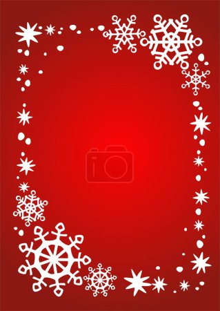 Téléchargez les illustrations : Flocons de neige blancs et étoiles sur fond rouge. Illustration de Noël. - en licence libre de droit