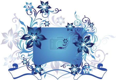 Téléchargez les illustrations : Bannière avec des éléments au design fleuri, avec dégradé bleu et courbes. - en licence libre de droit