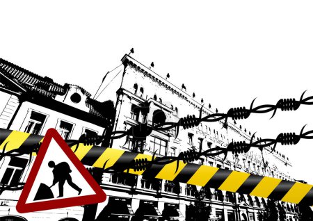 Illustration for Grunge city with barbed wire police lines and traffic sign - Royalty Free Image