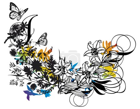 Ilustración de Fondo floral abstracto con lirios y mariposas - Imagen libre de derechos