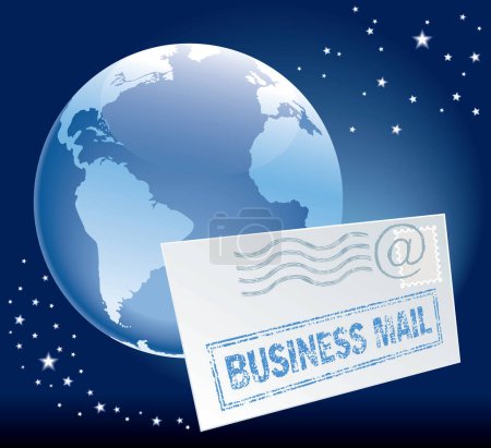 Illustration for Flying envelope and globe over blue background - Royalty Free Image