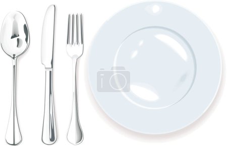 Illustration for Vector image. Blue late, silver spoon, fork and knife - Royalty Free Image