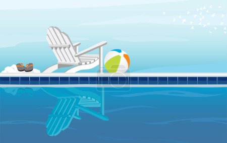 Illustration for Relaxing depiction of swimming pool and Adirondack Chair; With Flip Flops, beach ball and a flock of birds - Royalty Free Image