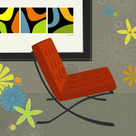 Illustration for Retro-modern chair with framed modern art; colorful and stylized. Easy-edit layered file. - Royalty Free Image