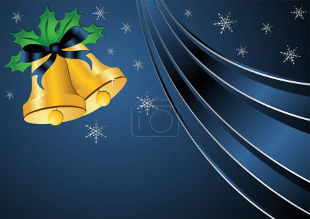 Illustration for Christmas bells ornamented with holly and ribbon over blue background - Royalty Free Image