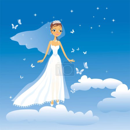 Ilustración de La bella novia feliz vuela en las nubes - Imagen libre de derechos