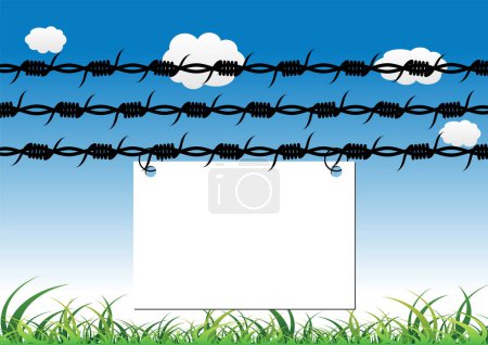 Illustration for Barbed wire lines with hanged empty sign to insert text - Royalty Free Image