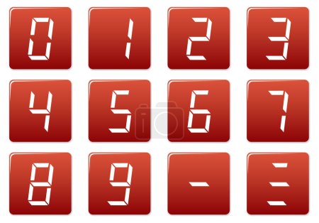 Ilustración de Juego de iconos cuadrados de dígitos de cristal líquido. Rojo - paleta blanca. Ilustración vectorial. - Imagen libre de derechos