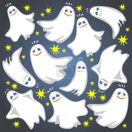 Téléchargez les illustrations : Dessin animé de fantômes volants sur fond de ciel nocturne. Illustration Halloween. - en licence libre de droit