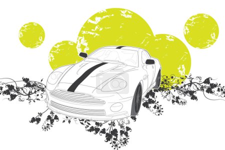 Illustration for Fashion car with grungy background, swirls, curvy design elements and circles. - Royalty Free Image