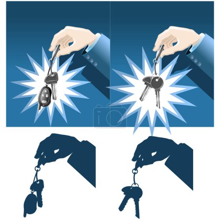 Téléchargez les illustrations : Homme d'affaires main tenant voiture et clés de la maison - en licence libre de droit