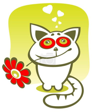 Illustration for Stylized  happy cat with flower on a green background. Valentines illustration. - Royalty Free Image