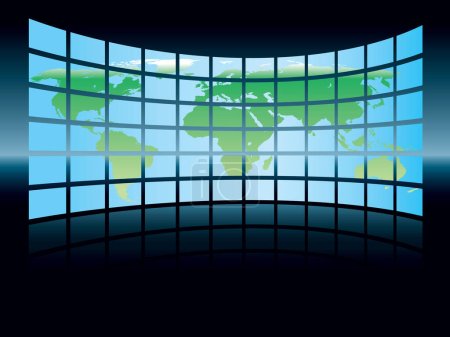 Illustration for PWorld map in a large display on a dark background, conceptual business illustration. The base map is from Central Intelligence Agency Web site. - Royalty Free Image