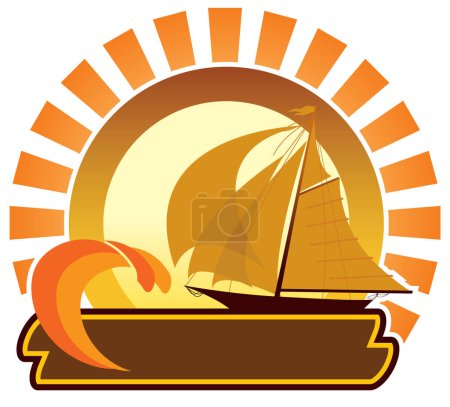 Ilustración de Icono de verano - yate de vela, puesta de sol y olas del océano - Imagen libre de derechos
