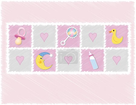 Illustration for Baby girl accessories in scribble background - Royalty Free Image