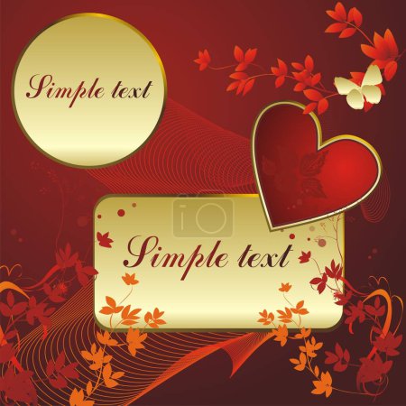 Illustration for Heart on a red background with a vegetative both geometrical ornament and two blocks for the text - Royalty Free Image