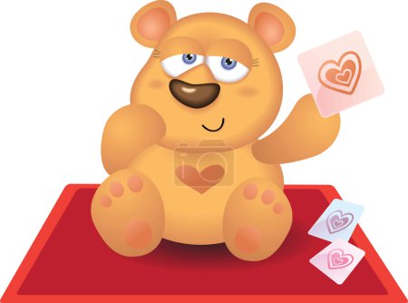 Téléchargez les illustrations : Ours en peluche jouant carte de coeur sur tapis rouge - en licence libre de droit