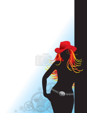 Ilustración de Una vaquera sexy de pie en silueta con el pelo rojo y un sombrero rojo - Imagen libre de derechos