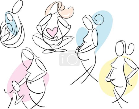 Illustration for Collection of sketched line art of pregnant woman in various poses - Royalty Free Image