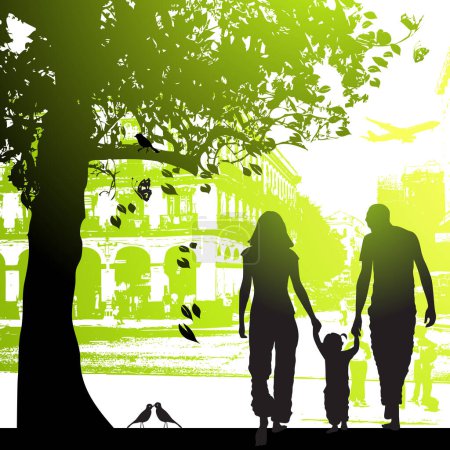 Téléchargez les illustrations : Promenade familiale dans le parc de la ville - en licence libre de droit