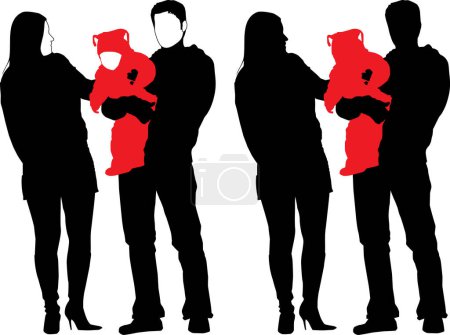 Illustration for Vector illustration of new happy family. Father holding his child and talking with his beautiful wife - Royalty Free Image