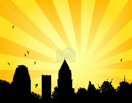 Illustration for Vector illustration of a city park skyline and abstract sunshine - Royalty Free Image
