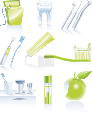 Ilustración de Iconos dentales en colores verde y azul - Imagen libre de derechos