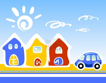 Illustration for Three cartoon houses and the car on a  blue background. - Royalty Free Image