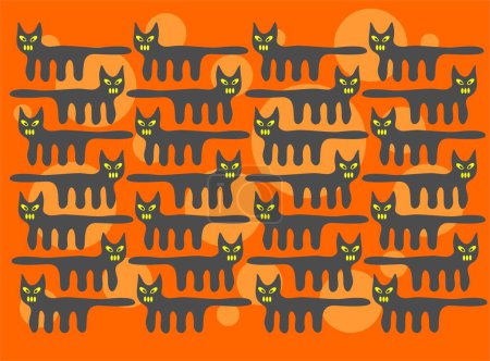 Téléchargez les illustrations : Modèle de chats noirs stylisés sur un fond orange. Illustration Halloween. - en licence libre de droit